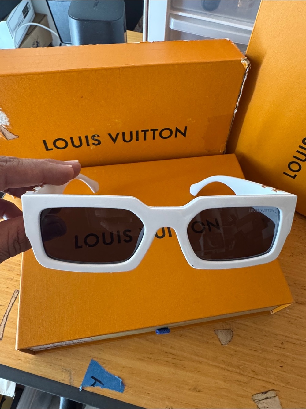 White Rectangular Sunglasses with Dark Lenses